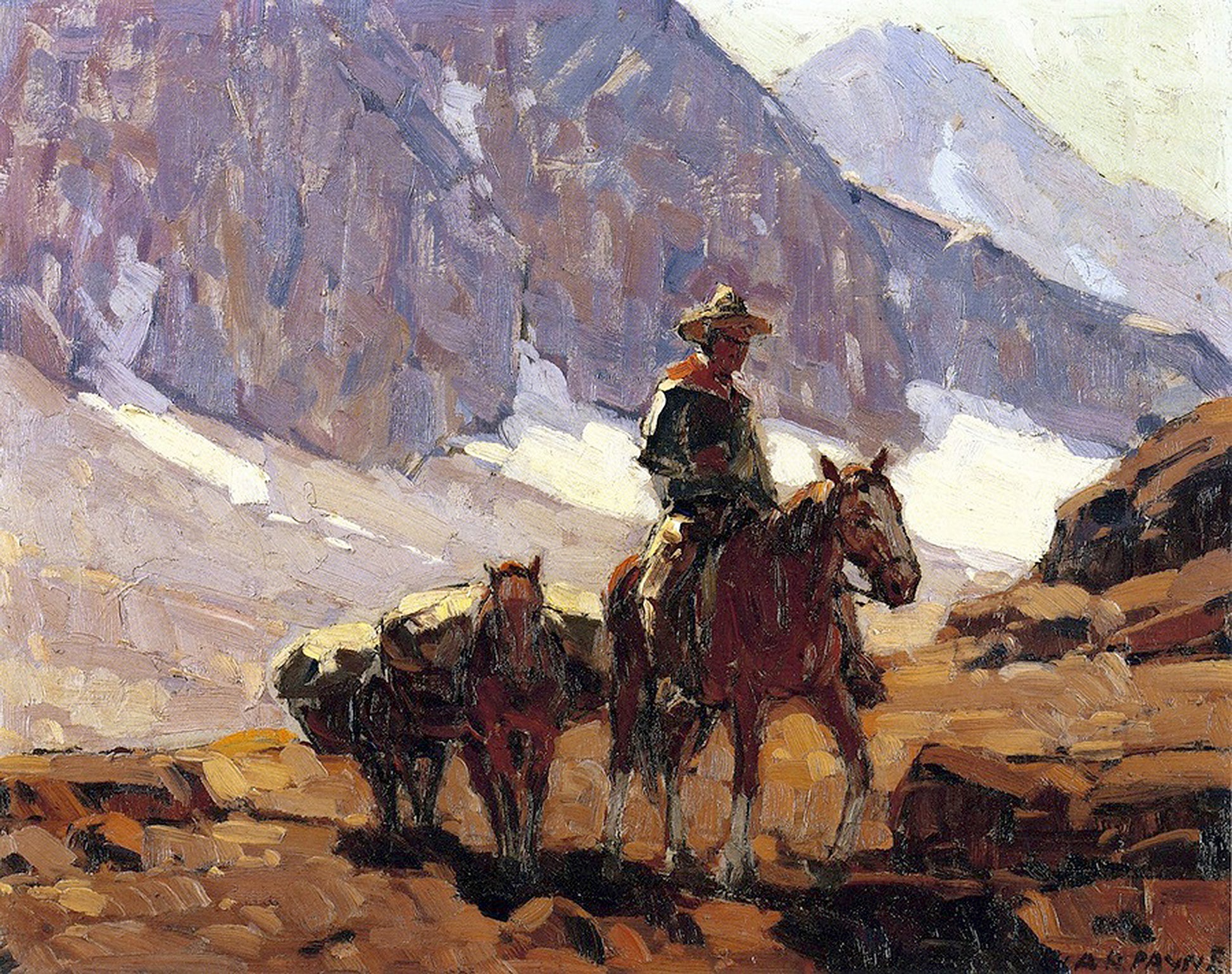 Oil painting of Bishop Pass by Edgar Payne, featuring a lone packer on horseback with pack animals on a rocky Sierra Nevada trail below the sheer purple and snow-streaked granite face of Bishop Pass.