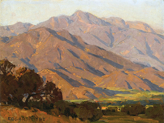 Oil painting of California Hills by Edgar Payne, featuring warm ochre and mauve Southern California foothills catching afternoon light above a valley with dark oaks and a hint of village below.
