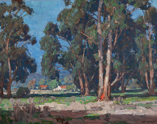 Oil painting of Eucalyptus Landscape, California by Edgar Payne, featuring sun-dappled eucalyptus trunks framing a bright California farmstead with a white structure and red roof beyond low green fields.