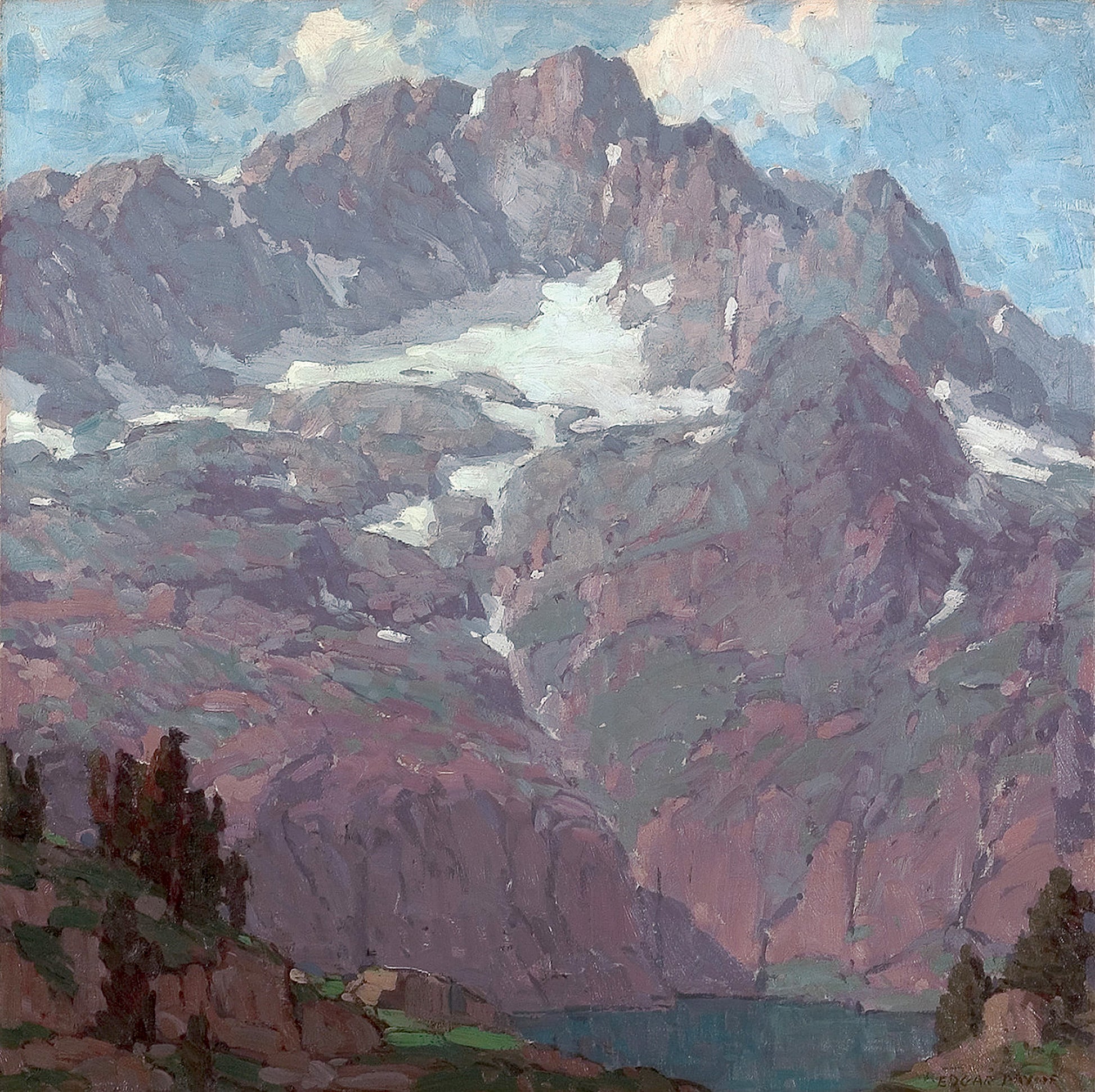 Oil painting of High Sierras by Edgar Payne, featuring a massive pink and grey granite Sierra Nevada peak filling nearly the entire canvas with snowfields and a narrow alpine lake at its base.