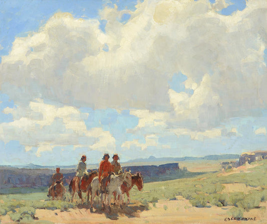 Oil painting of Land of the Navajo by Edgar Payne, featuring four Navajo riders on horseback crossing an open Southwest plateau under a dramatically vast sky of billowing white cumulus clouds.
