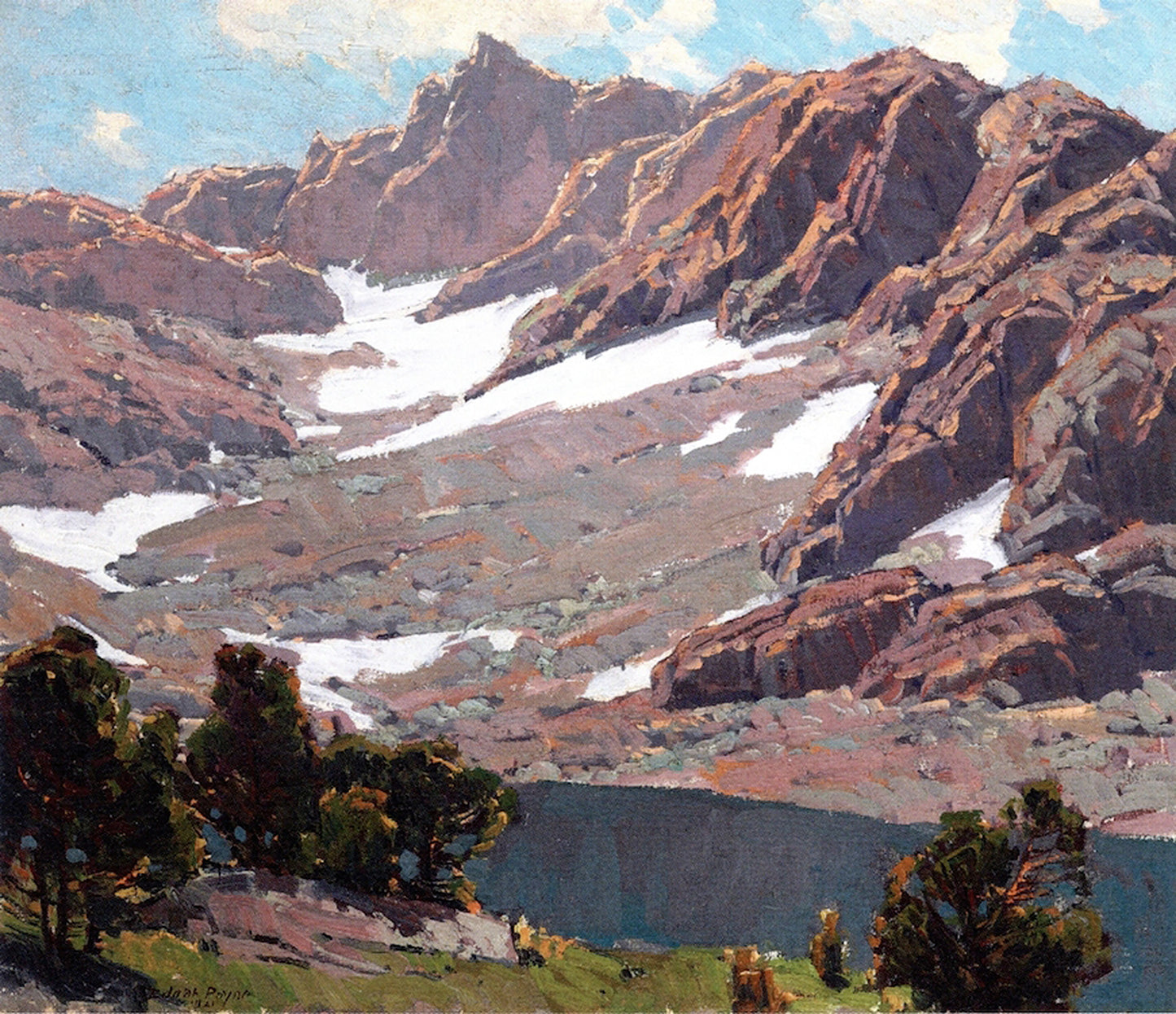 Oil painting of Peaks of Tioga by Edgar Payne, featuring the rugged granite ridgeline and snow patches above Tioga Pass with a dark alpine lake and pine forest in the valley below.