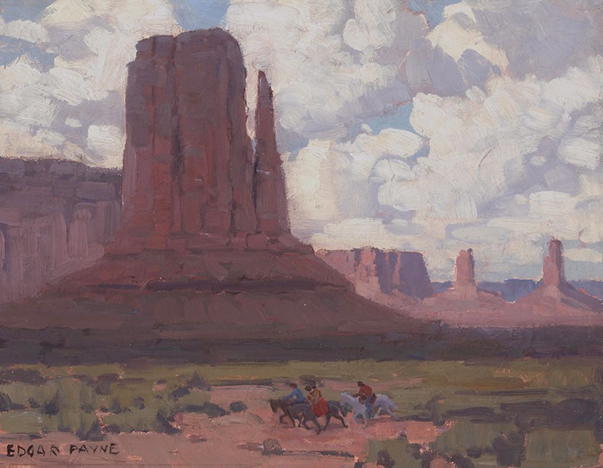 Oil painting of Riders in Monument Valley by Edgar Payne, featuring Navajo horseback riders crossing a red desert plain before the West Mitten butte and distant mesas under dramatic billowing clouds.