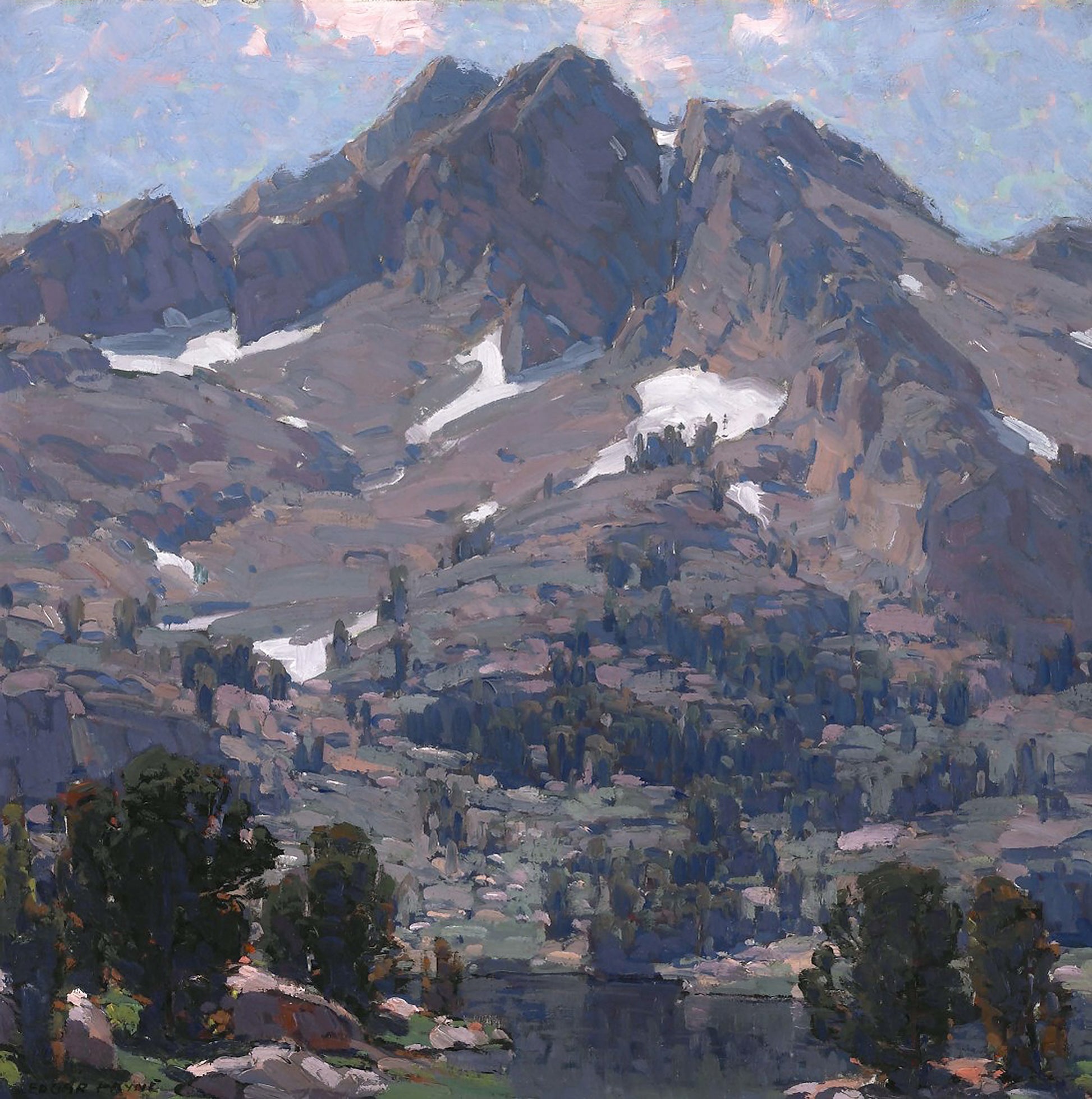Oil painting of Sierra Landscape by Edgar Payne, featuring a broad granite Sierra peak in grey-blue dominating the canvas above an alpine lake and pine-clad slopes under a light scattered sky.