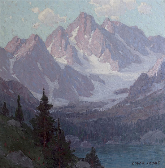Oil painting of Sierra Peaks by Edgar Payne, featuring twin pink granite Sierra Nevada peaks rising above snowfields and a dark high-country lake with pine trees in the foreground at evening light.