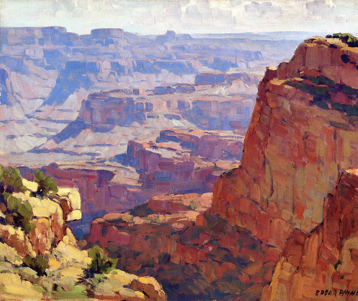 Oil painting of South Rim, Grand Canyon by Edgar Payne, featuring a massive red sandstone pinnacle in the foreground with the Grand Canyon's vast layered red and purple walls receding into the hazy distance.