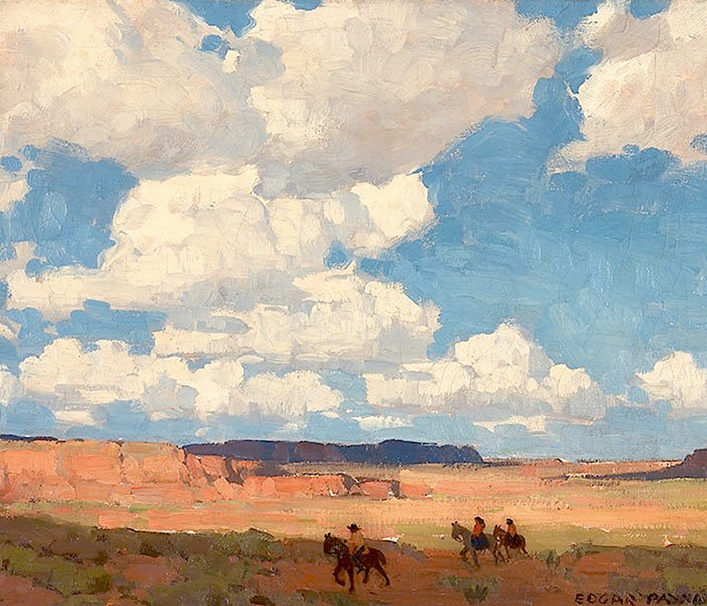 Oil painting of Summer Cloud by Edgar Payne, featuring three horseback riders crossing a flat Southwestern plain below towering white cumulus clouds with distant red canyon walls on the horizon.