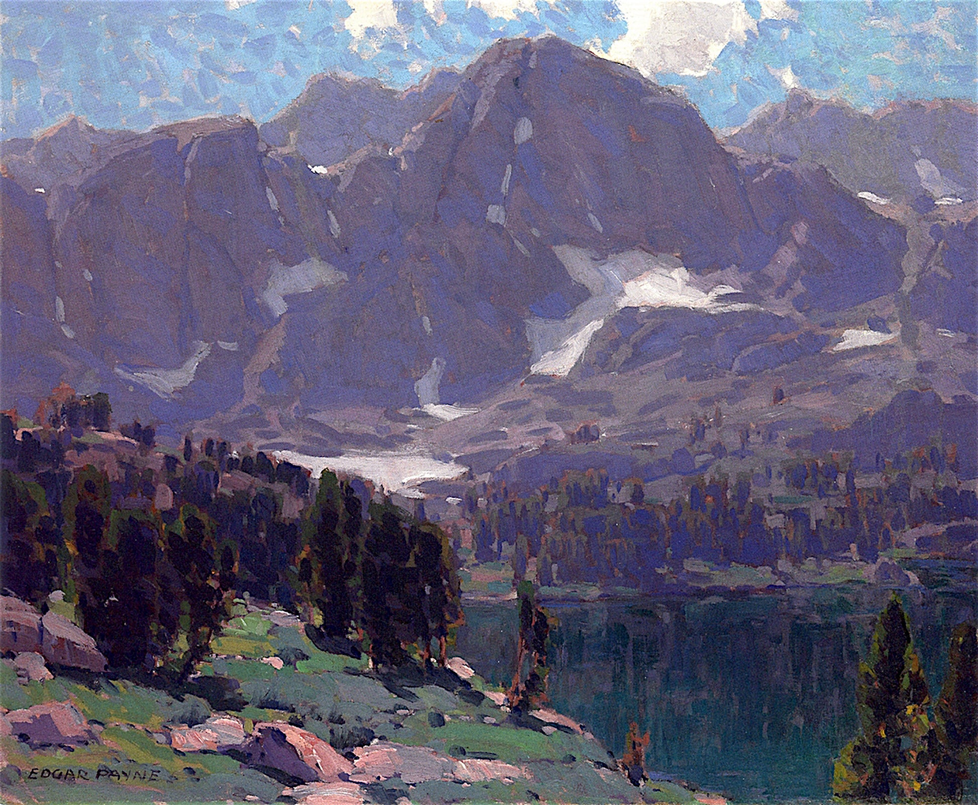 Oil painting of Summit Lake, High Sierras by Edgar Payne, featuring massive dark blue-grey granite peaks looming over a high-country Sierra lake with pine forest at their base and snow patches across steep slopes.