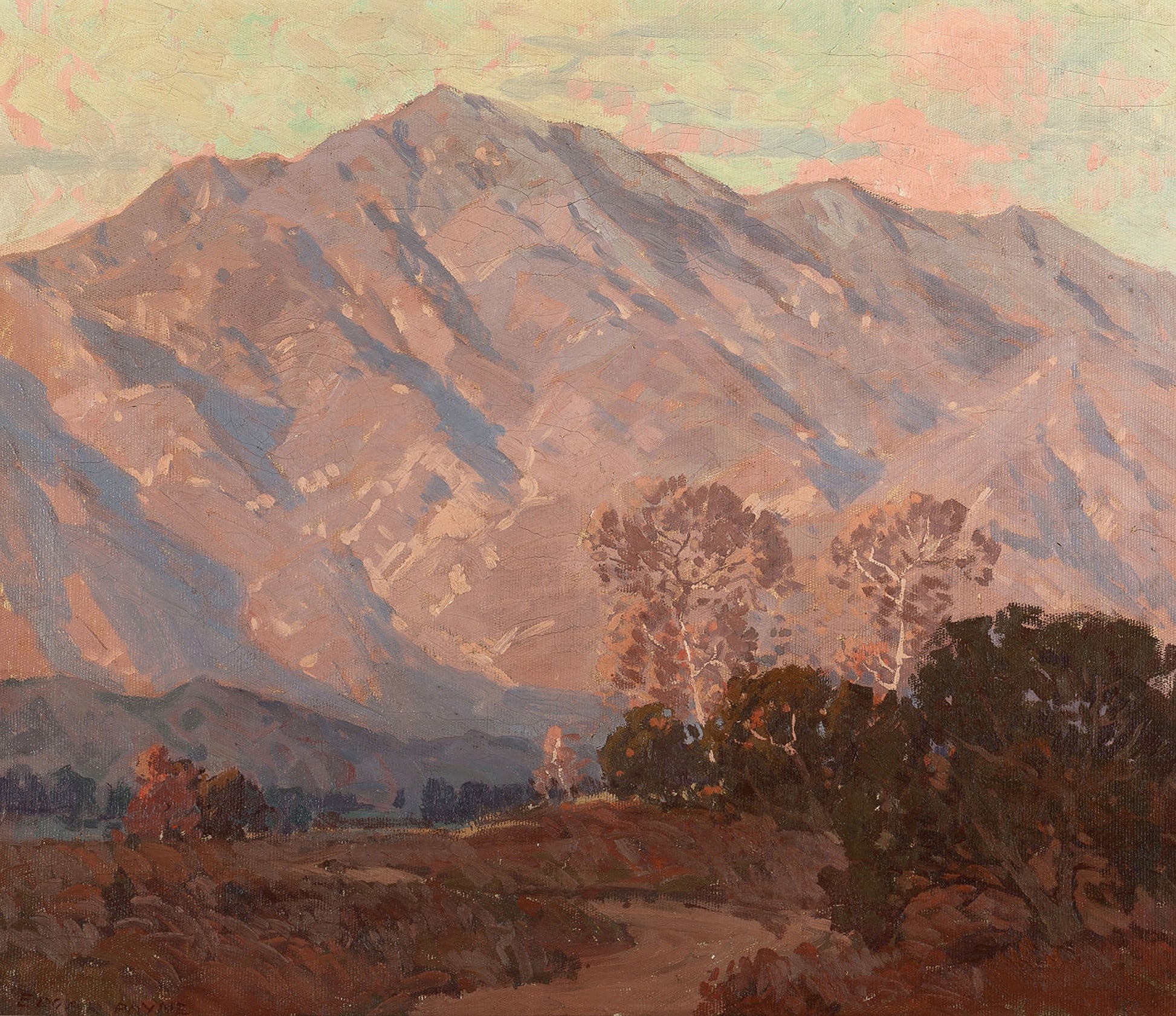 Oil painting of Sunset on the Foothills of Pasadena by Edgar Payne, featuring the San Gabriel foothills glowing in dusty pink and mauve at sunset with bare winter sycamore trees silhouetted below.