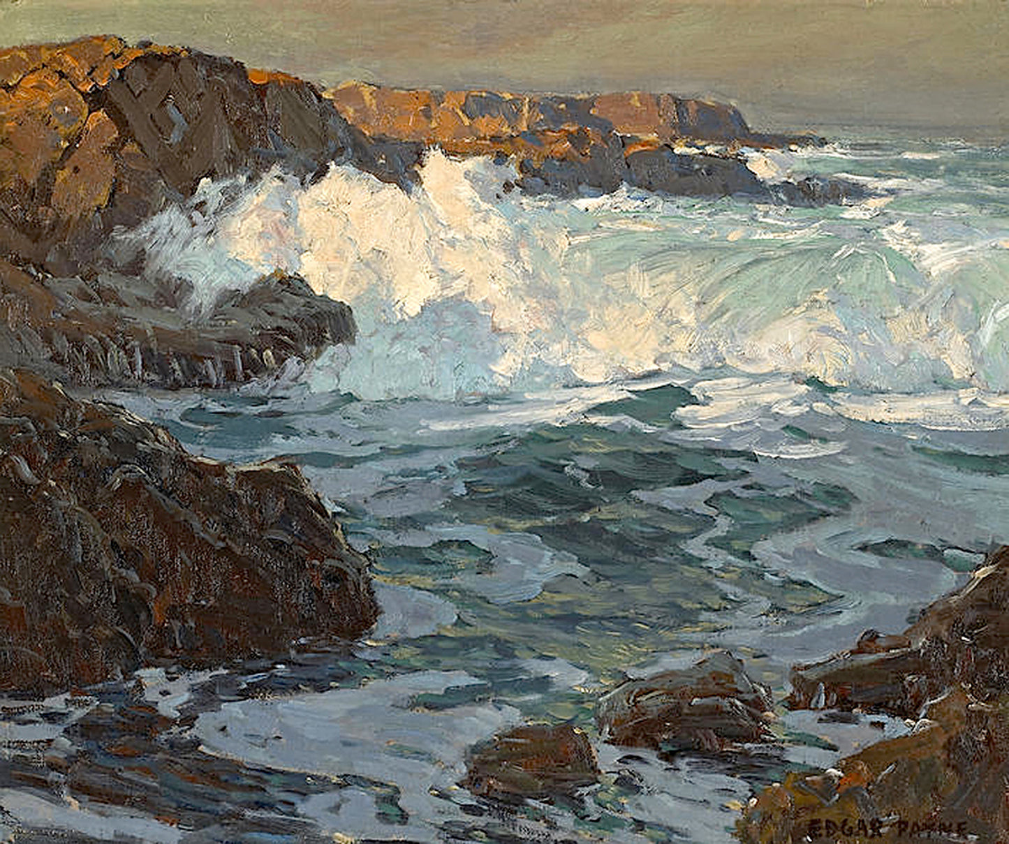 Oil painting of Surging Sea by Edgar Payne, featuring white Pacific surf exploding against dark coastal rocks under a grey sky with warm golden clifftops visible at the upper left.