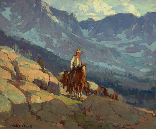 Oil painting of The Lone Packer by Edgar Payne, featuring a lone packer on horseback with pack animals on a sunlit granite ledge above a wide Sierra Nevada valley of blue mountains receding behind.