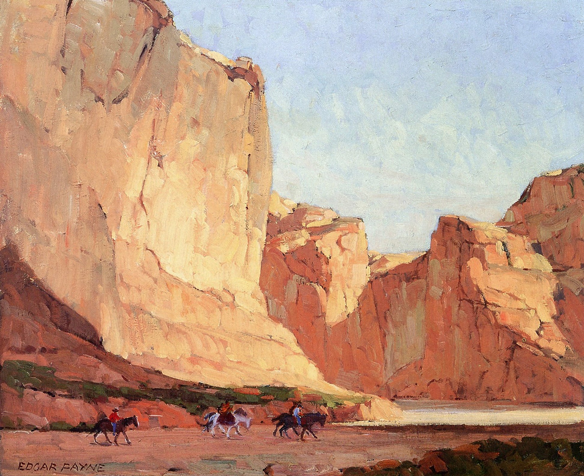 Oil painting of Turn in Canyon de Chelly by Edgar Payne, featuring Navajo riders rounding a bend below towering warm golden sandstone canyon walls in afternoon light.