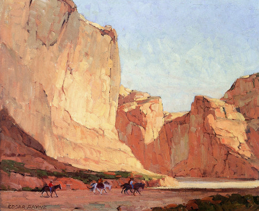 Oil painting of Turn in Canyon de Chelly by Edgar Payne, featuring Navajo riders rounding a bend below towering warm golden sandstone canyon walls in afternoon light.