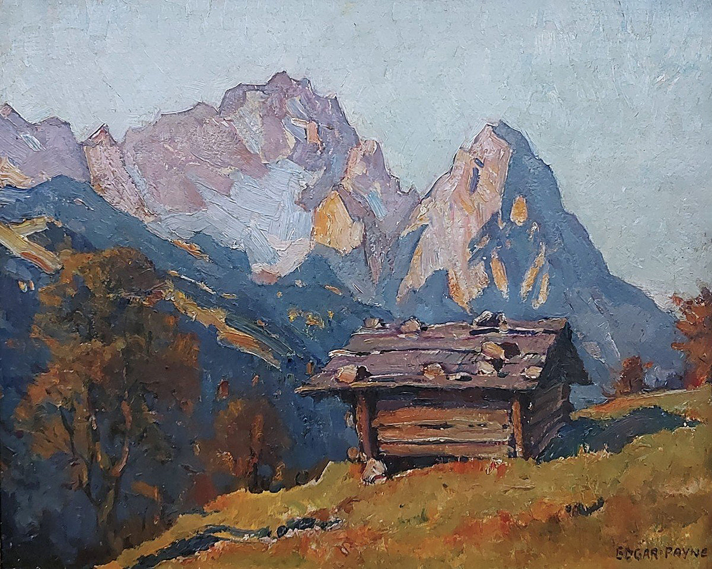 Oil painting of European Alpine Chalet by Edgar Payne, featuring a weathered log chalet with a stone-weighted roof below dramatic Dolomite peaks in autumn gold and purple-grey.