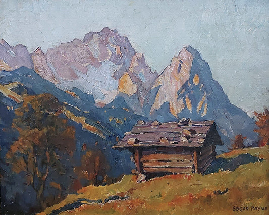 Oil painting of European Alpine Chalet by Edgar Payne, featuring a weathered log chalet with a stone-weighted roof below dramatic Dolomite peaks in autumn gold and purple-grey.