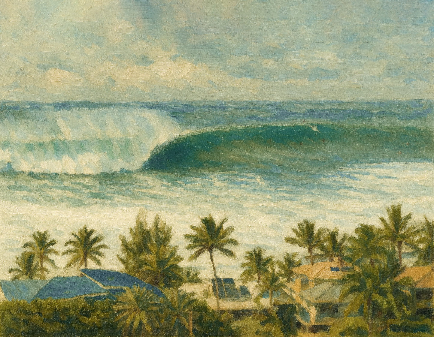 Epic view of a perfect barreling Pipeline wave throwing spray with surfers in the lineup and beach homes beyond.