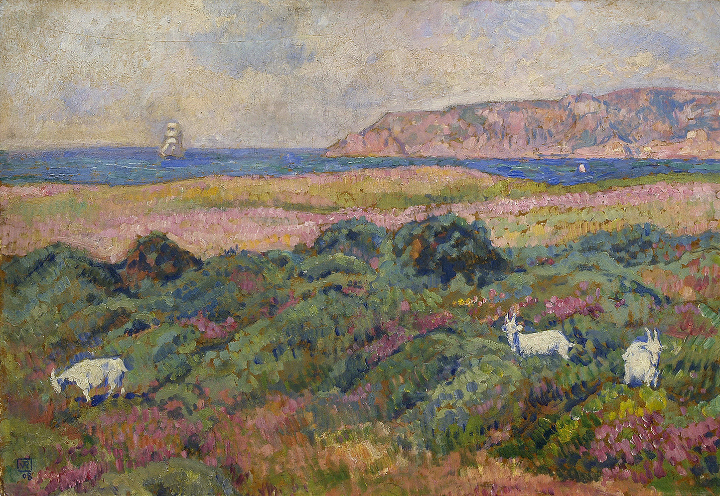 Oil painting of Le Lavandou, Var by Théo van Rysselberghe, featuring white goats grazing among pink and yellow flowering coastal scrub with a blue Mediterranean sea and pink limestone headland beyond.