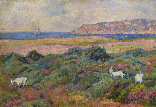 Oil painting of Le Lavandou, Var by Théo van Rysselberghe, featuring white goats grazing among pink and yellow flowering coastal scrub with a blue Mediterranean sea and pink limestone headland beyond.
