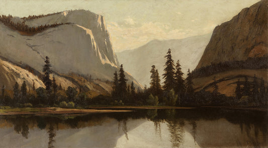 Oil painting of Yosemite from the Merced by Frederick Schafer, featuring El Capitan and Yosemite Valley's granite walls reflected in the still Merced River with dark silhouetted pines in the foreground.