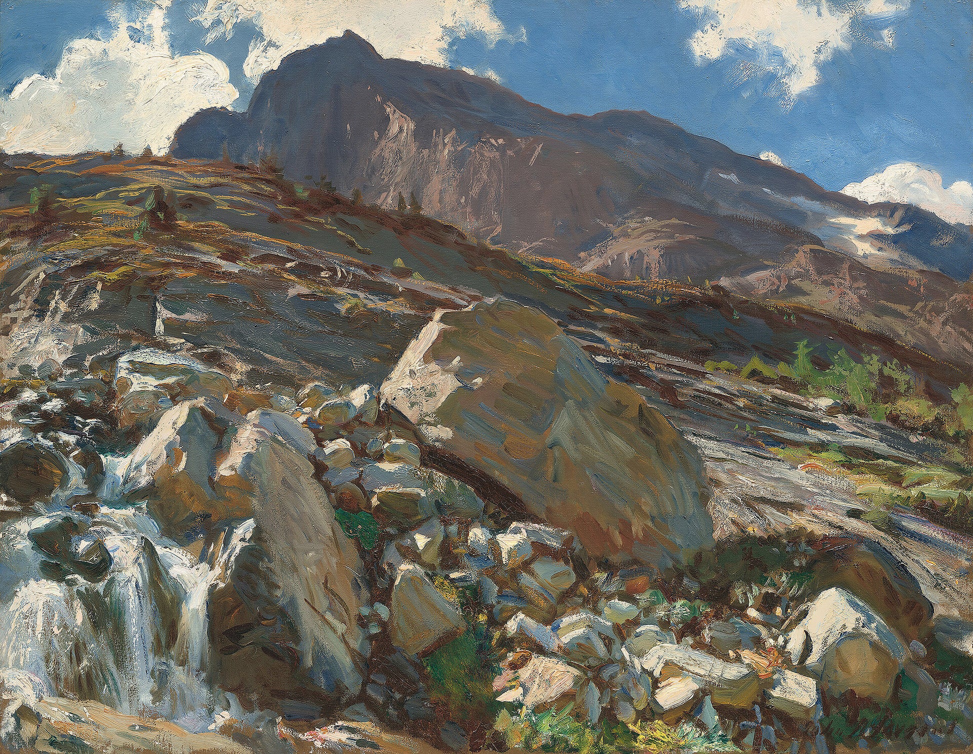 Oil painting of Simplon Pass by John Singer Sargent, featuring a rushing mountain stream tumbling over massive granite boulders below a dark Alpine peak with brilliant patches of sky above.