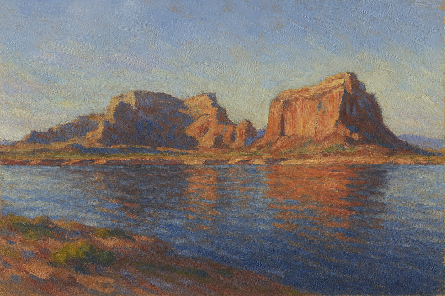 Sunlit red-rock buttes rising above the glassy blue surface of Lake Powell under a clear sky.
