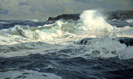 Oil painting of Southwesterly Gale, St Ives by Frederick Judd Waugh, featuring a gale-driven wave exploding white foam over dark coastal rocks at St Ives, Cornwall, under a dark stormy sky.