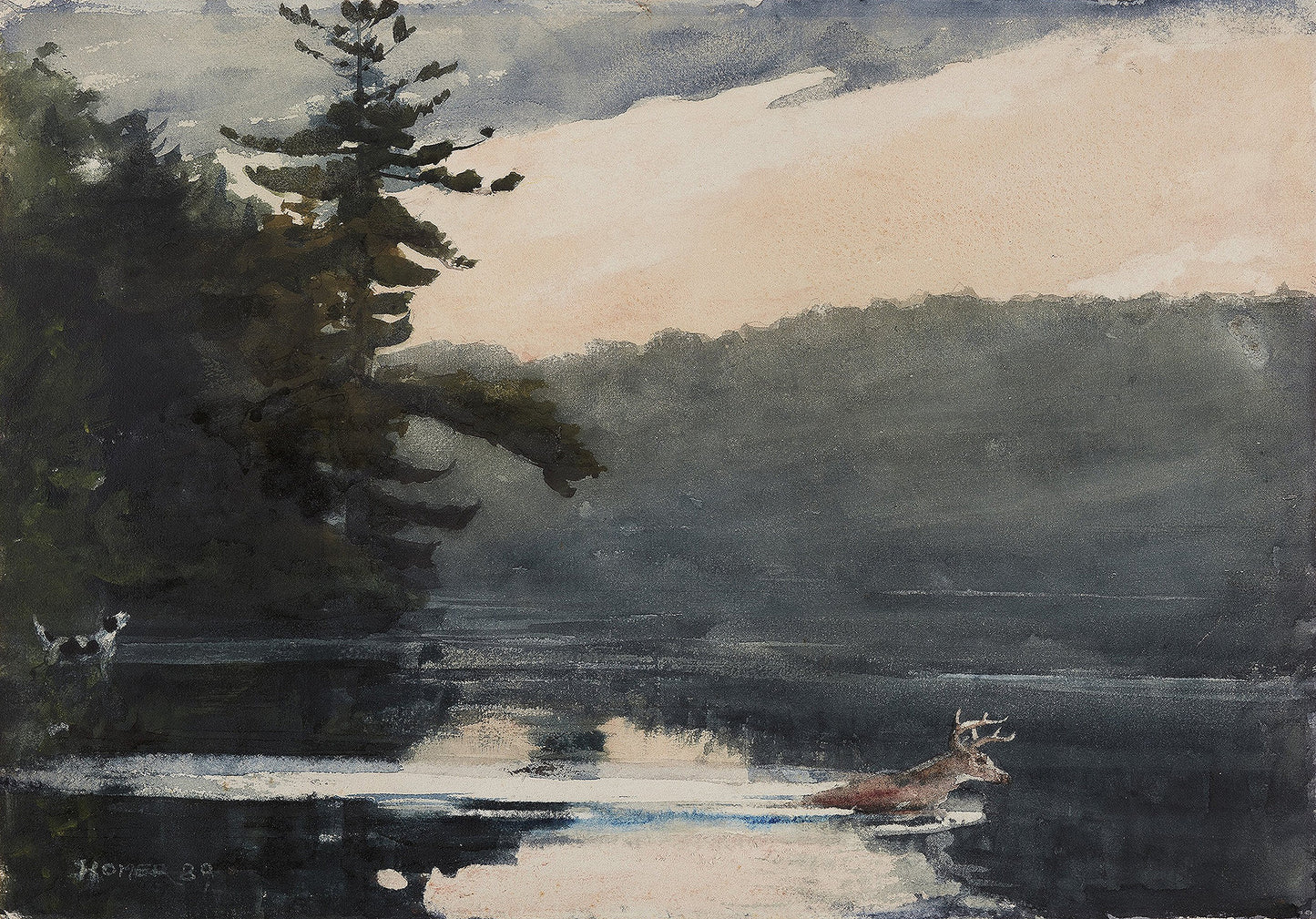 Watercolor of Deer in the Adirondacks by Winslow Homer, featuring a swimming buck crossing a dark Adirondack lake at dusk with pine trees silhouetted against a pale pink sky.