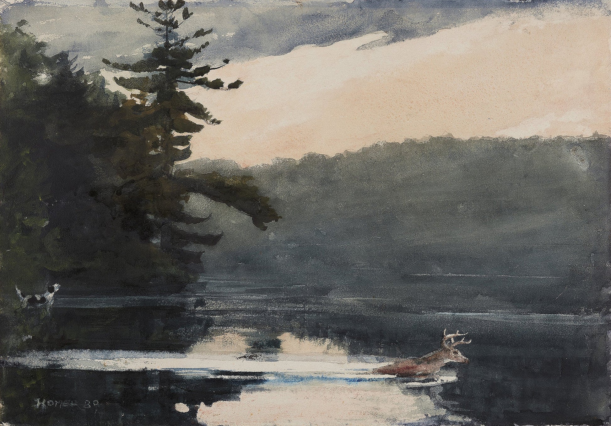 Watercolor of Deer in the Adirondacks by Winslow Homer, featuring a swimming buck crossing a dark Adirondack lake at dusk with pine trees silhouetted against a pale pink sky.