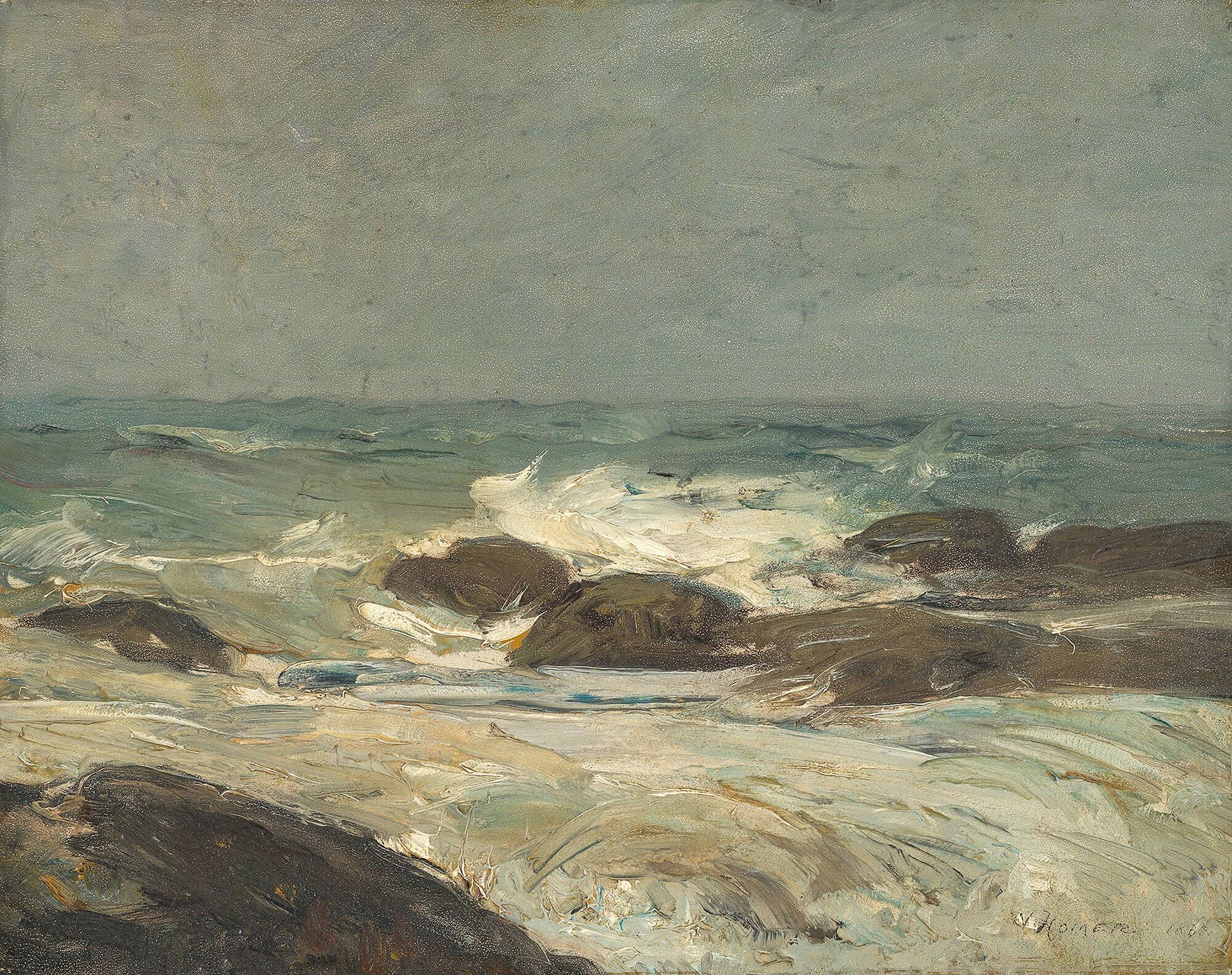 Oil painting of Rocky Coast by Winslow Homer, featuring breaking waves and white foam surging across dark low-lying rocks under a grey overcast sky.