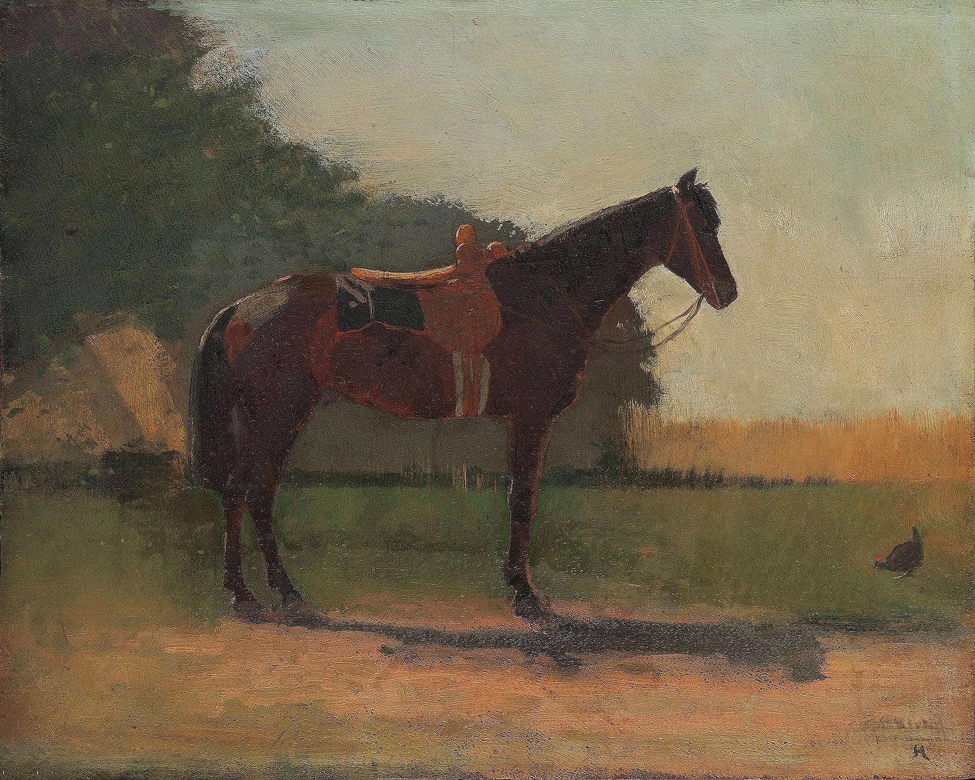 Oil painting of Saddle Horse in a Farmyard by Winslow Homer, featuring a dark bay saddled horse standing in a sun-dappled New England farmyard with a haystack and golden field beyond.